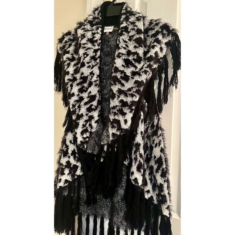 Sioni Studio‎ Black White Fringe Open Front Cardigan Vest S/M Sweater